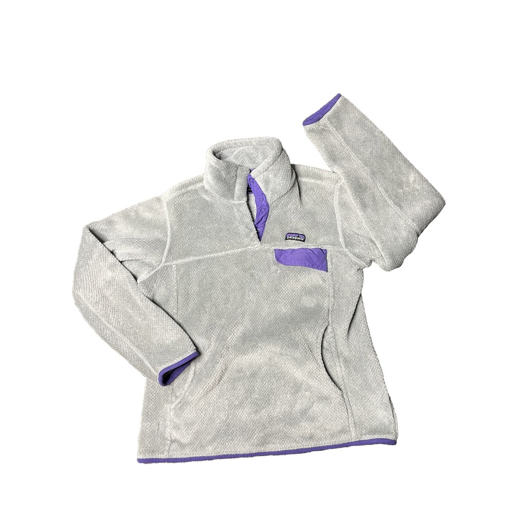 Patagonia Medium Snap T Polartec Fleece Pullover Jacket Gray Fuzzy Purple Trim